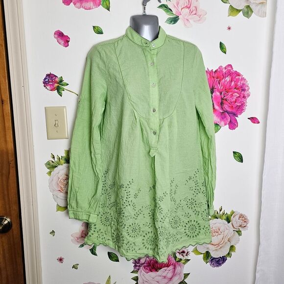 SOPHIE MAX 100% Cotton Eyelet Tunic Light Green Long Sleeve Flowy Lagenlook - Picture 2 of 11